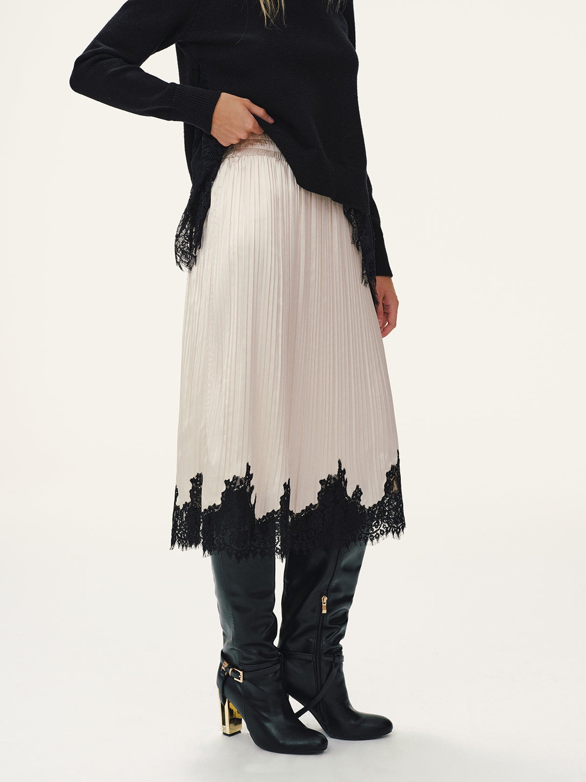 Lace Hem Pleated Midi Skirt