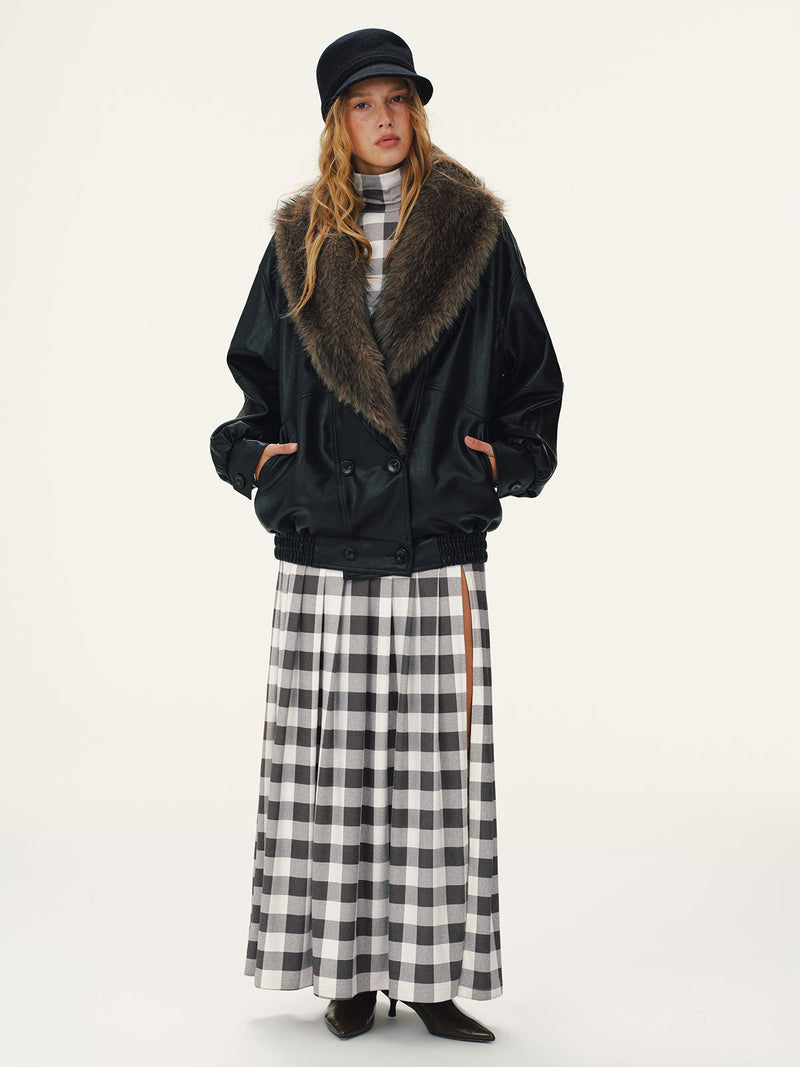 Detachable Faux Fur Collar Faux Leather Jacket