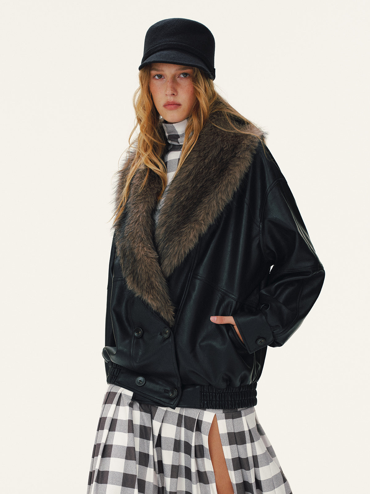 Abnehmbare Kunstfellkragen Kunstlederjacke