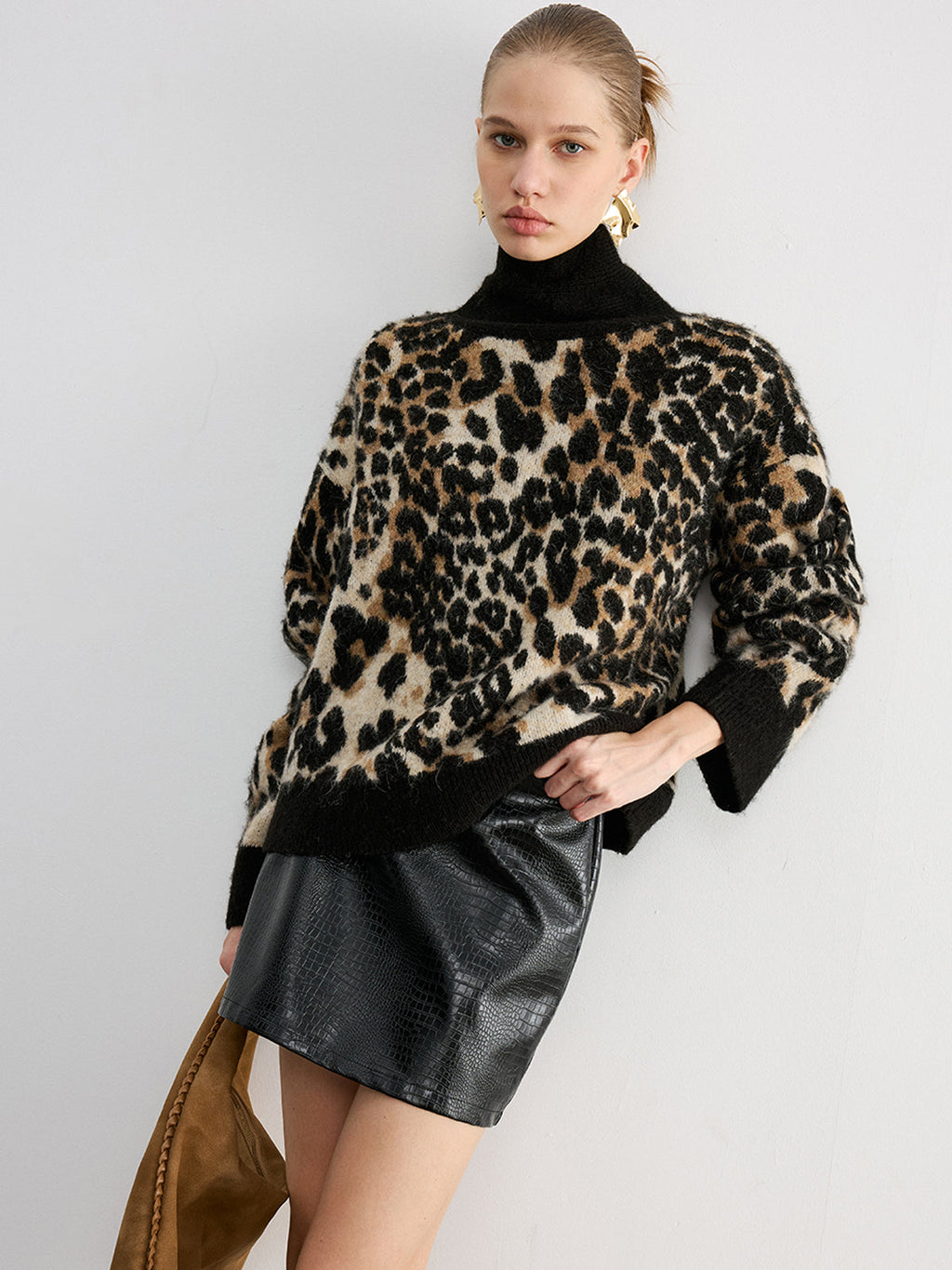 Leopard-Rollkragenpullover aus Wollmischung