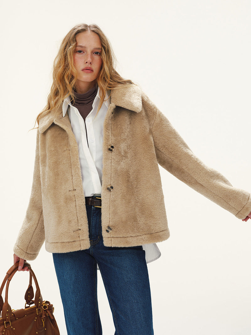 Collared Buttoned Faux Fur Coat