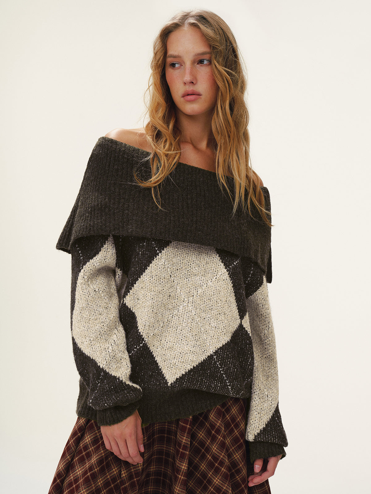 Argyle-Muster schulterfreier Pullover