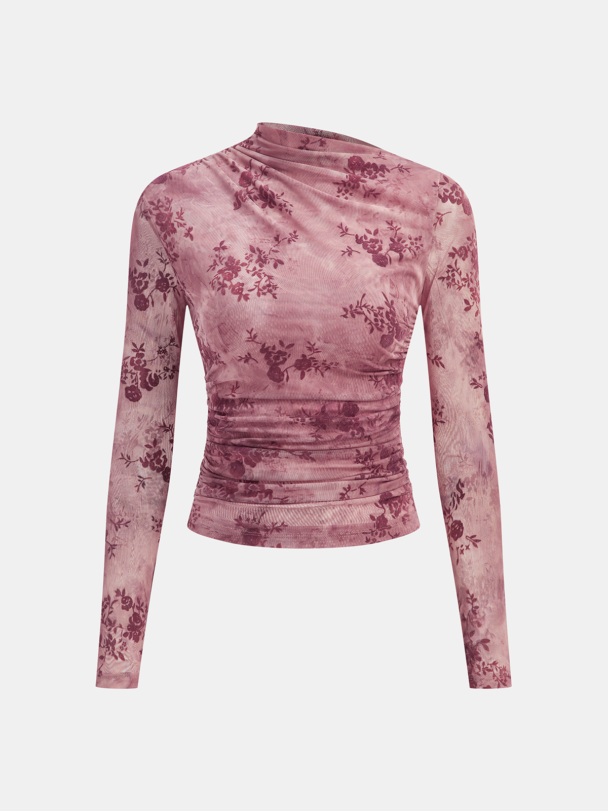 Top froncé en maille florale rose