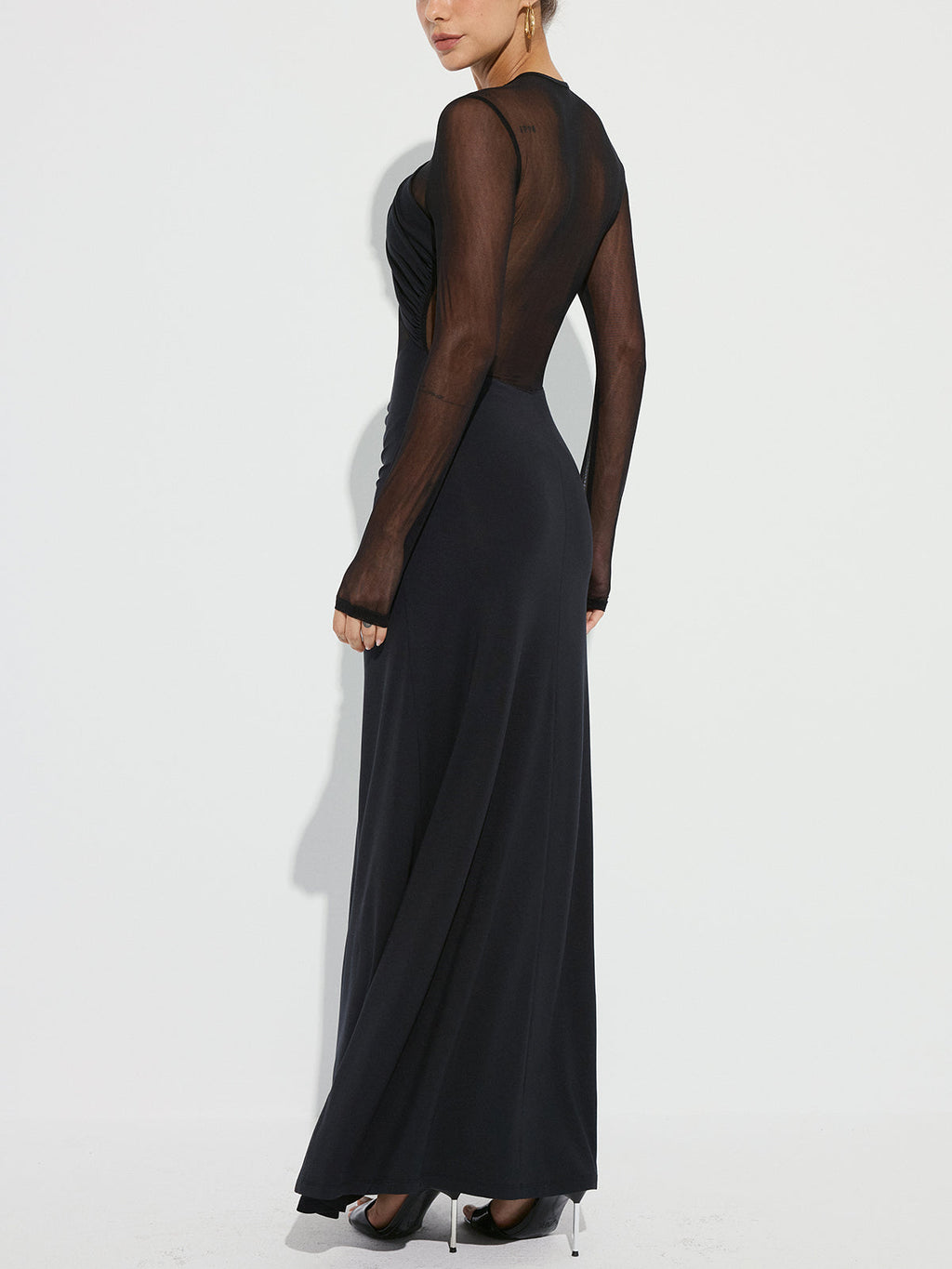 Cross-Front Ruched Mesh Paneled Maxi Dress