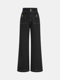 High-Waisted Double-Button Straight-Leg Denim Pants