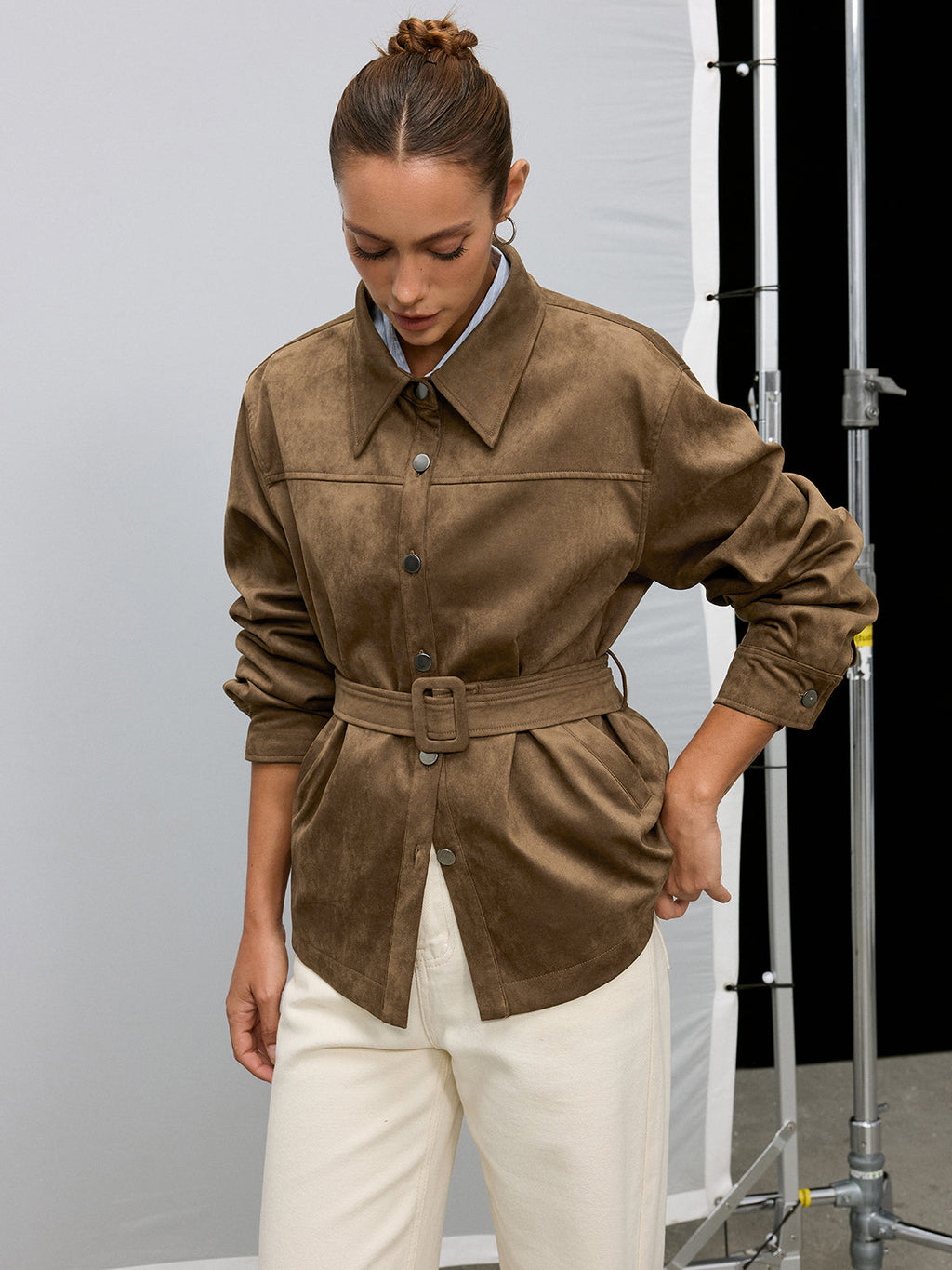 Veste Col Montant Effet Daim Ceinturée