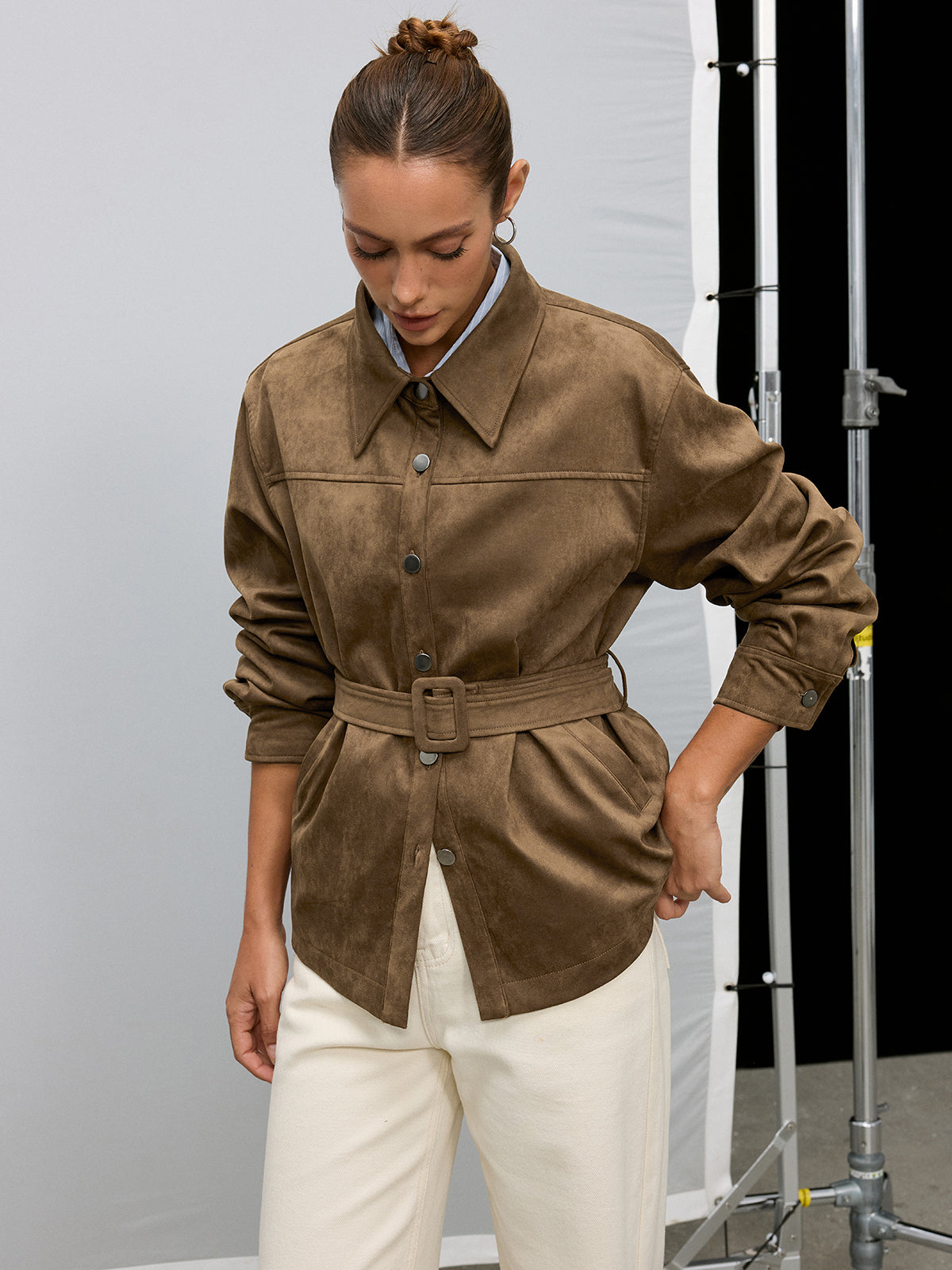Veste Col Montant Effet Daim Ceinturée