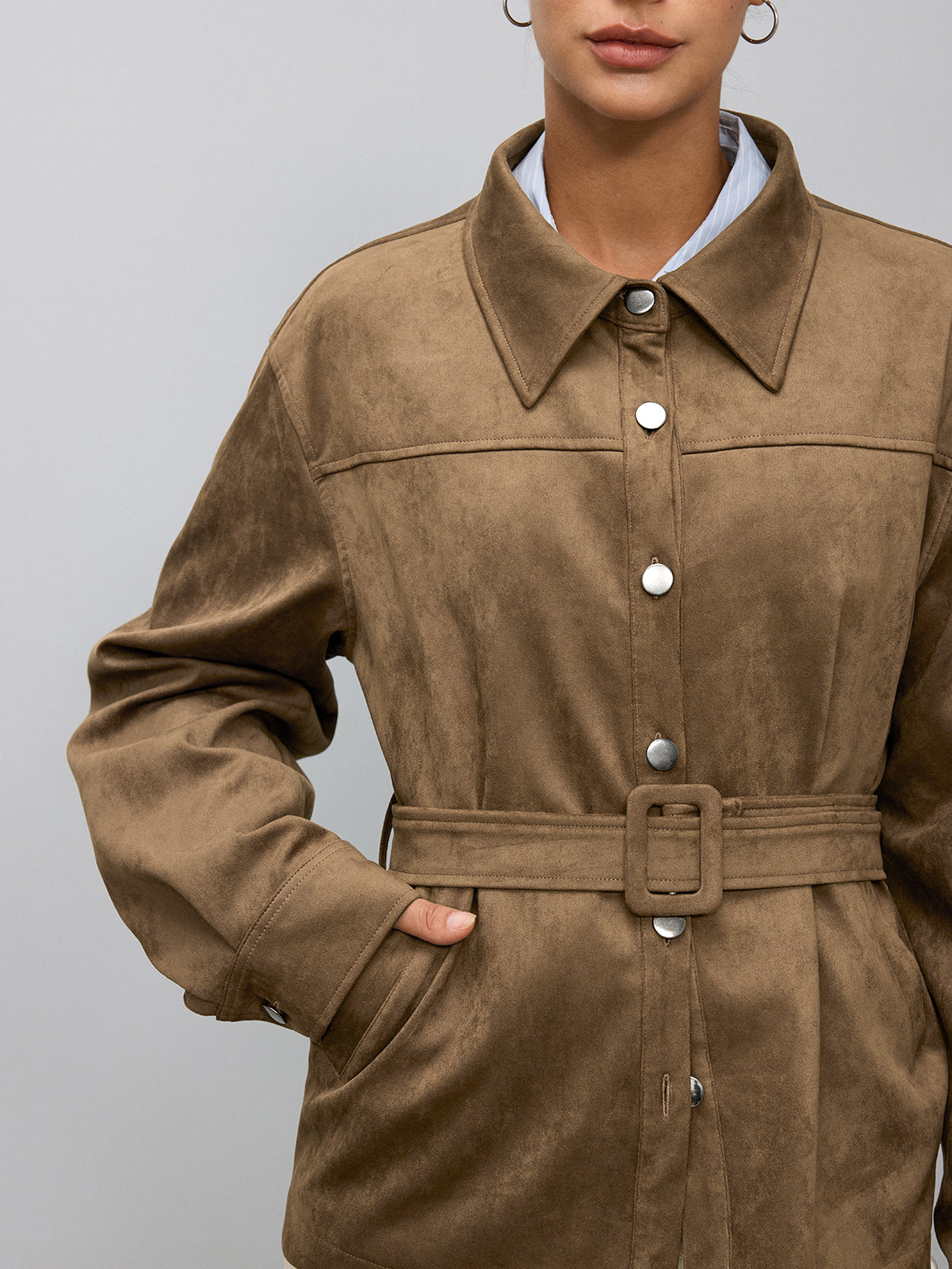 Veste Col Montant Effet Daim Ceinturée