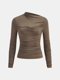 Asymmetric Neck Ruched Long Sleeve Top