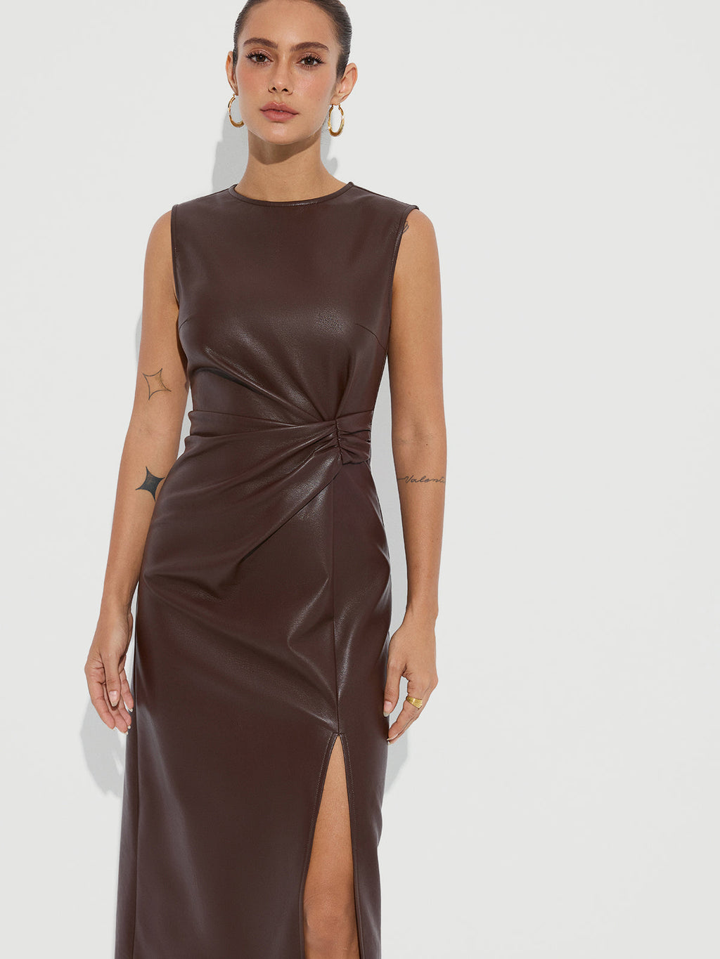 Twisted Faux Leather Sleeveless Slit Midi Dress