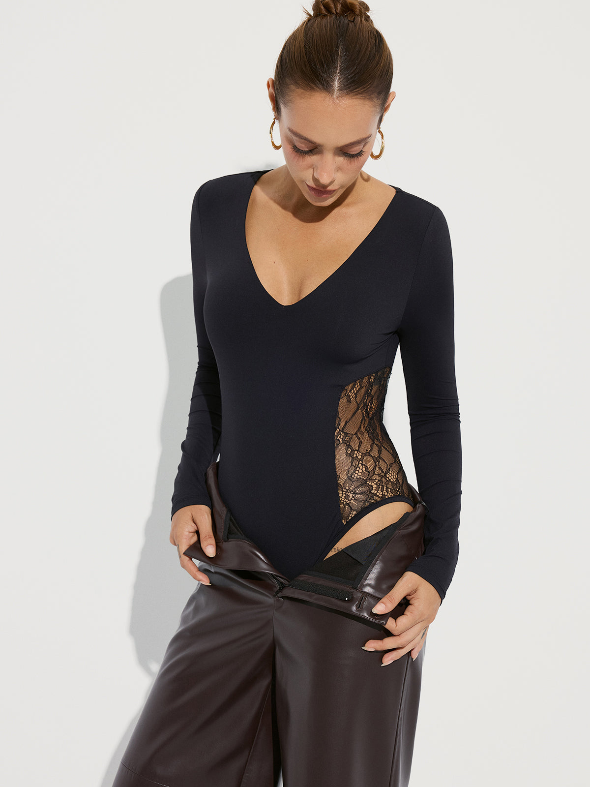 Body à panneau en dentelle, décolleté en V profond, sans soutien-gorge