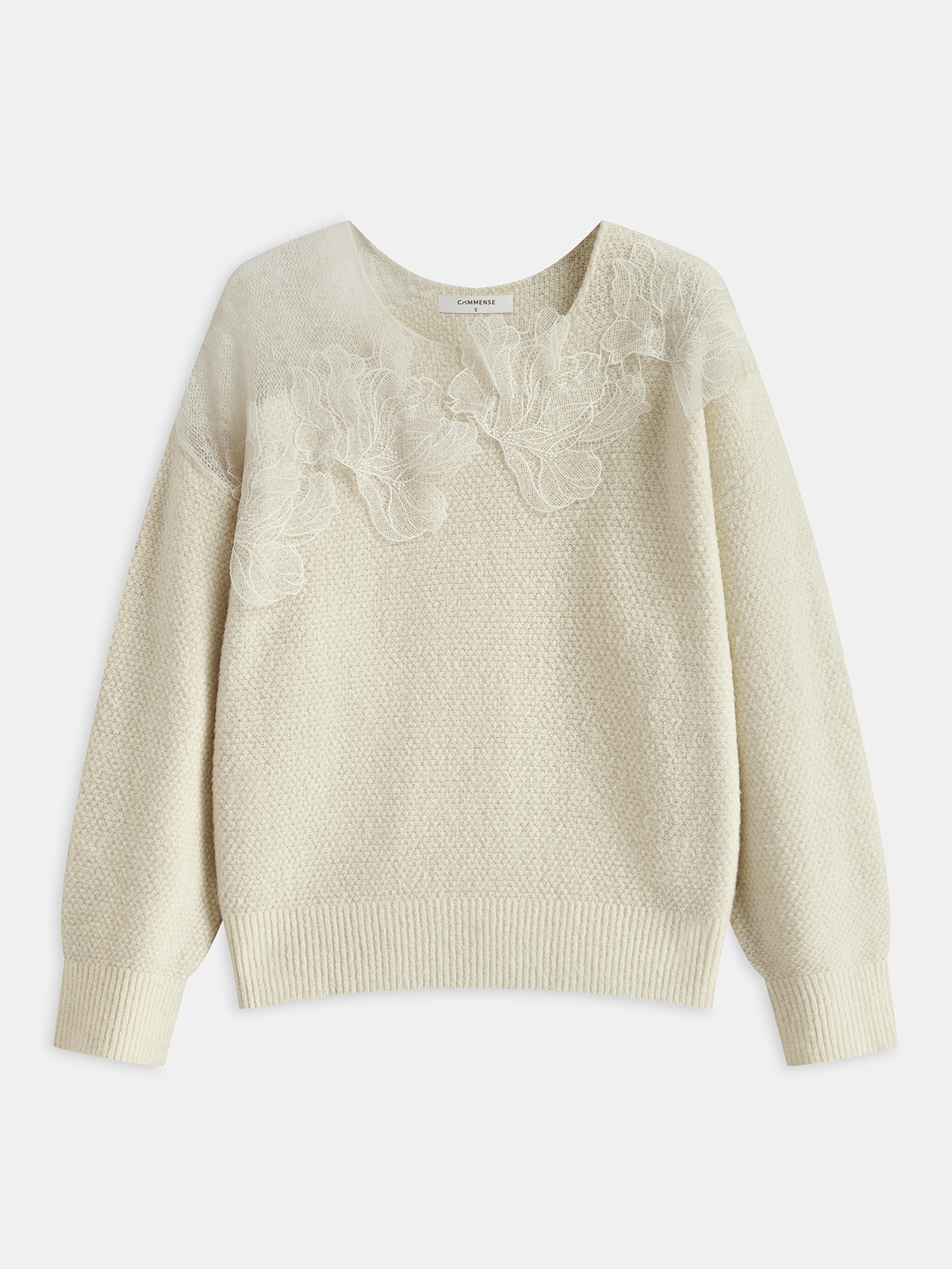 Pull en dentelle florale semi-transparent à col rond