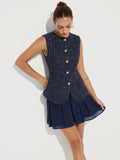 Ärmelloses Oberteil aus Tweed und Chiffon-Minirock-Set
