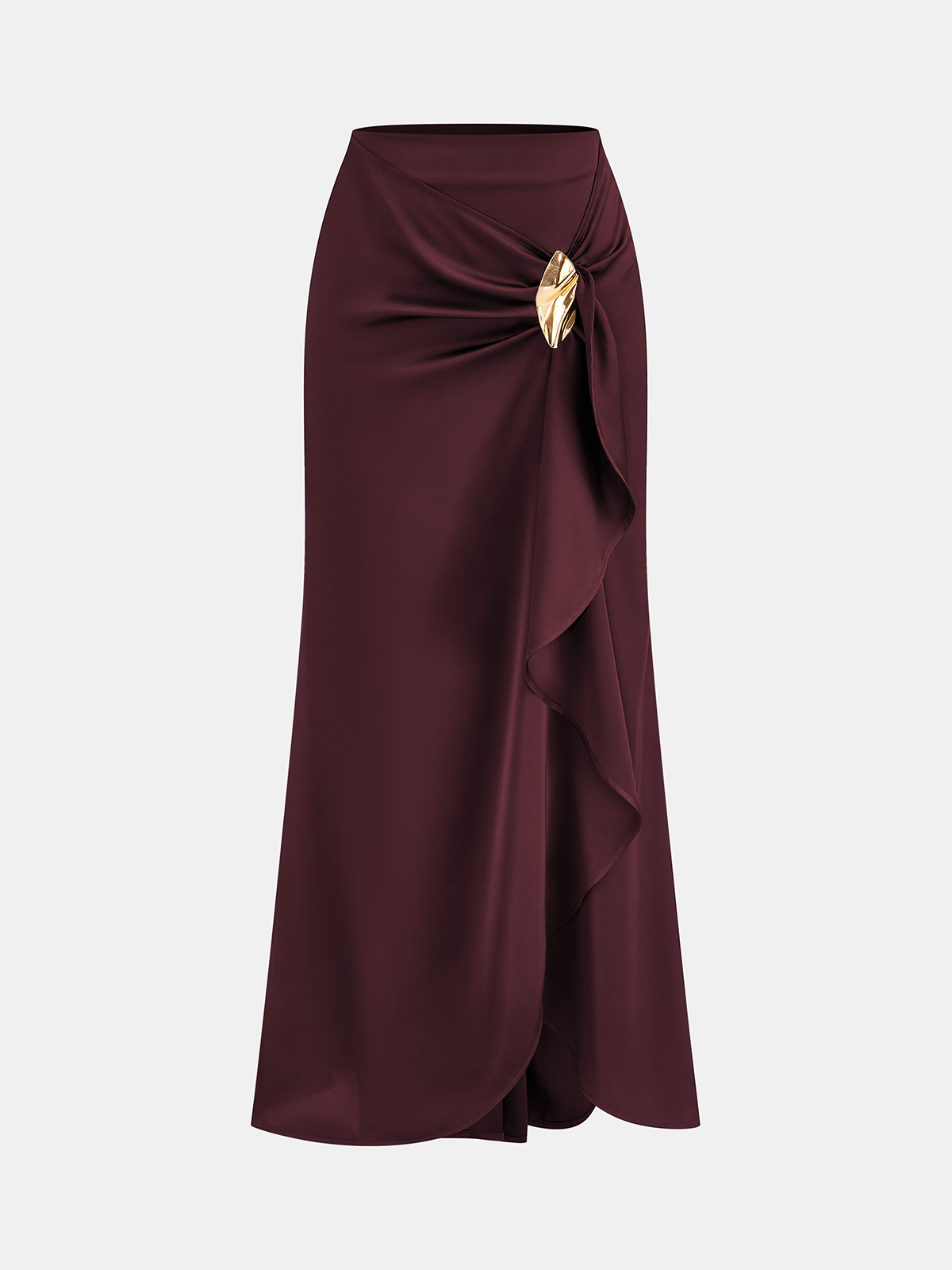Asymmetrischer Maxi-Satinrock mit Rüschen und Metallelementen