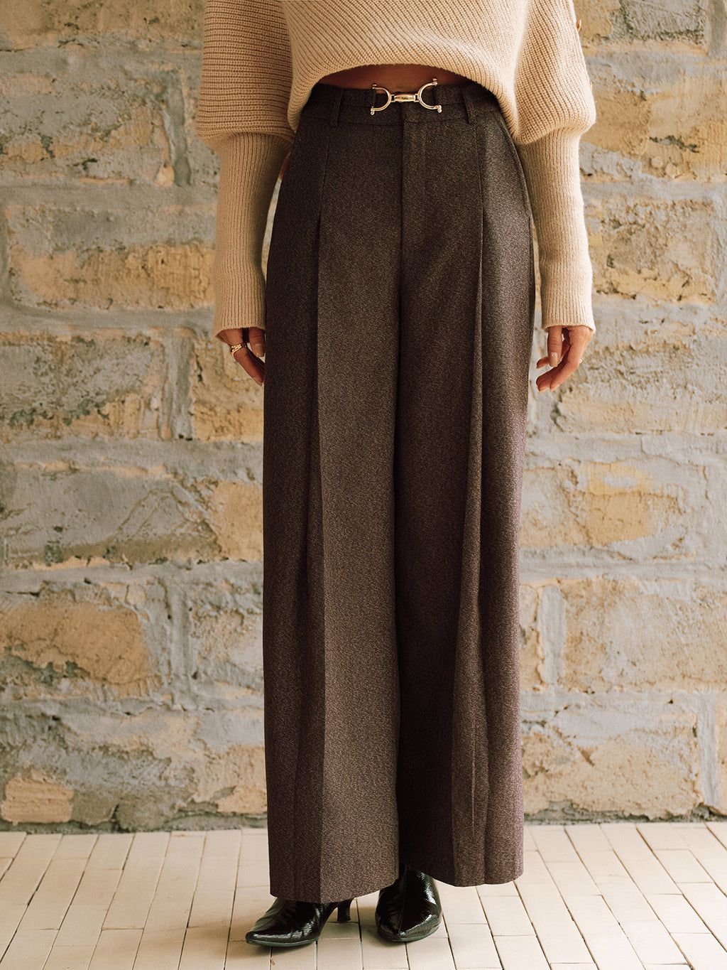 High-Waist Plissée Hose mit weitem Bein