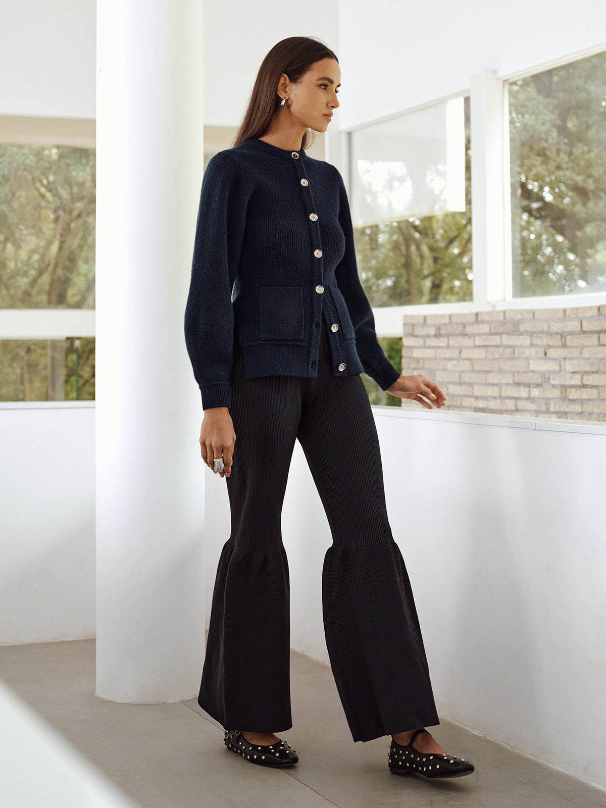 Button-Front Crew Neck Ribbed Knit Cardigan