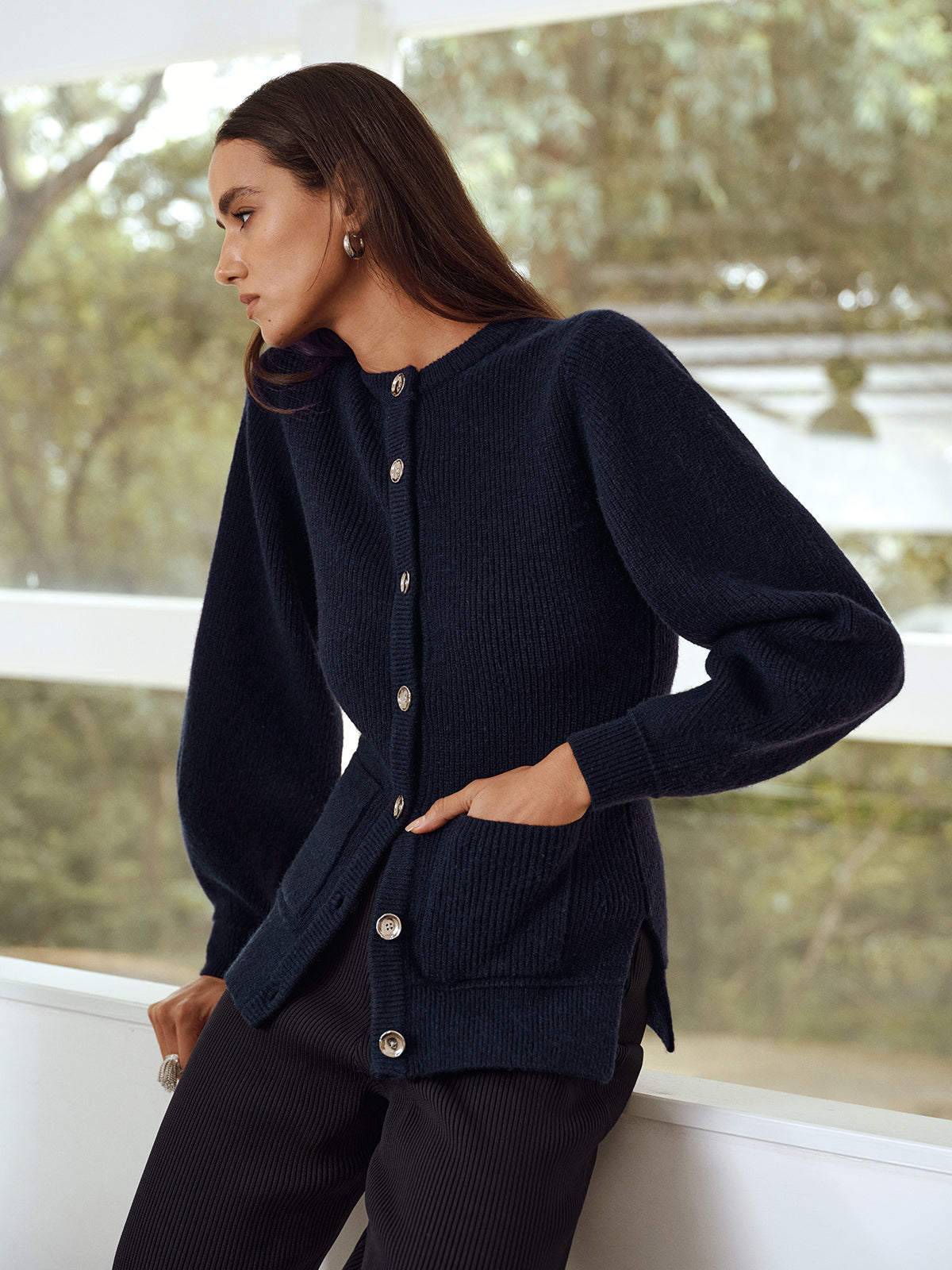 Button-Front Crew Neck Ribbed Knit Cardigan