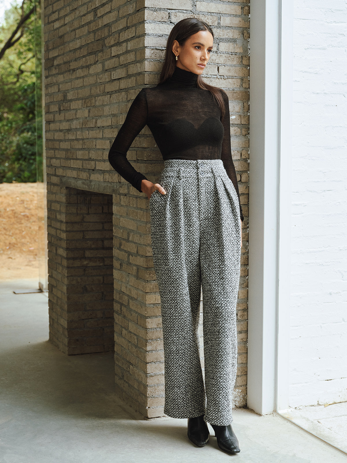 Pantalon en tweed à double taille en mélange de laine