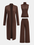 Three-Piece Knit Turtleneck Top Cardigan Pants Set