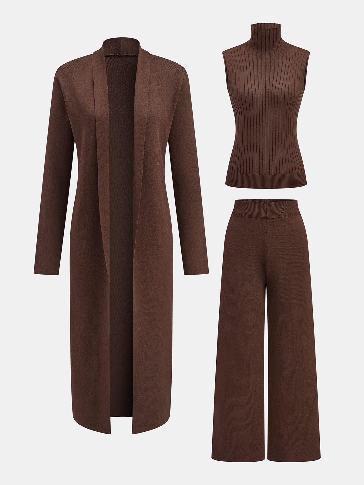 Ensemble trois pièces : pull à col roulé, gilet et pantalon en maille