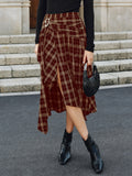 Plaid Asymmetric High-Slit Midi Skirt
