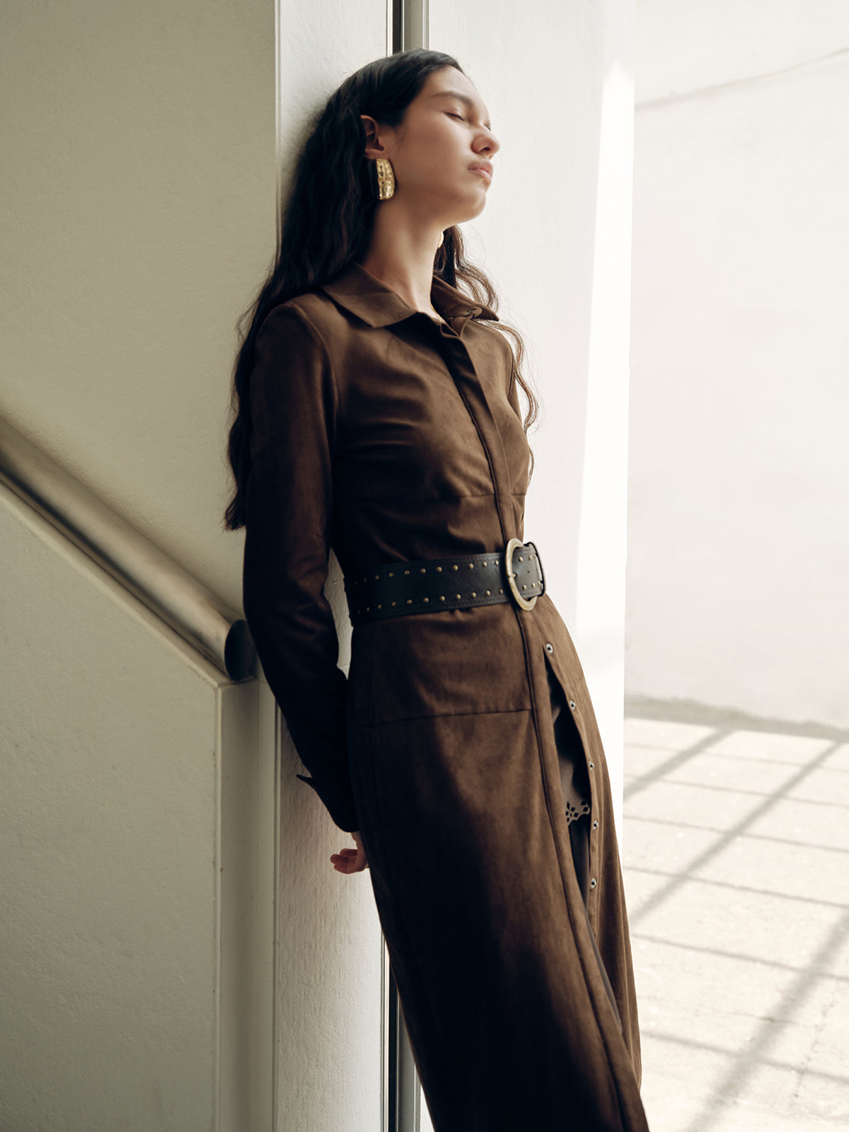 Wildlederoptik Hemdblusenkleid ohne Gürtel