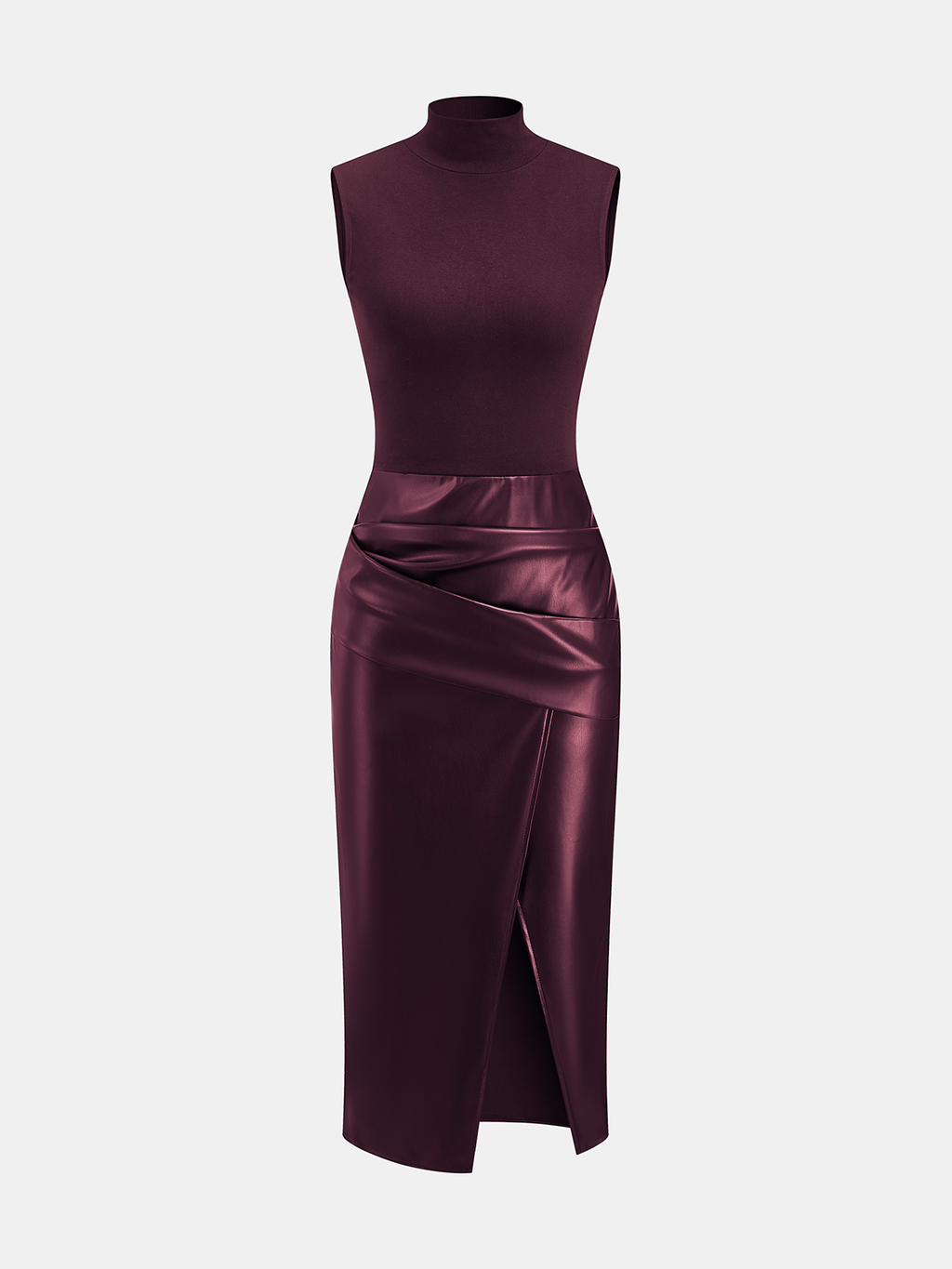 Faux Leather Panel Mock Neck Sleeveless Dress