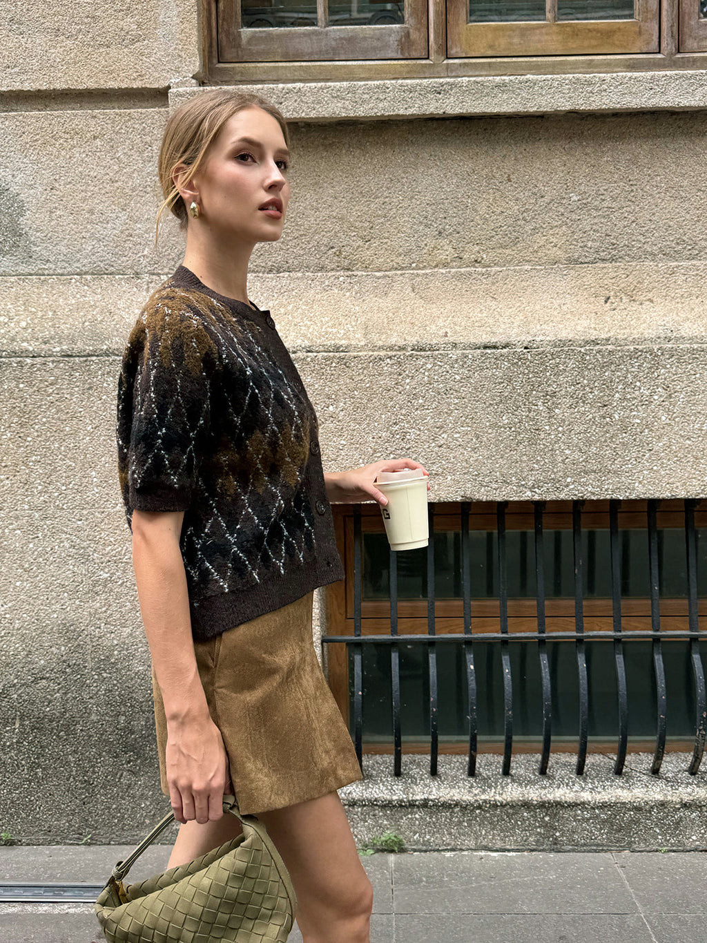 Cardigan aus Strick mit Argyle-Muster und kurzen Ärmeln