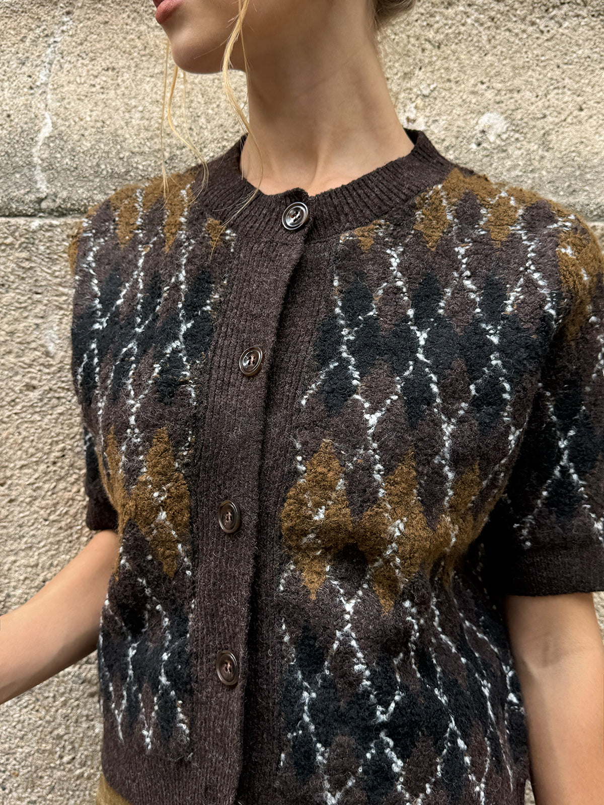 Cardigan aus Strick mit Argyle-Muster und kurzen Ärmeln