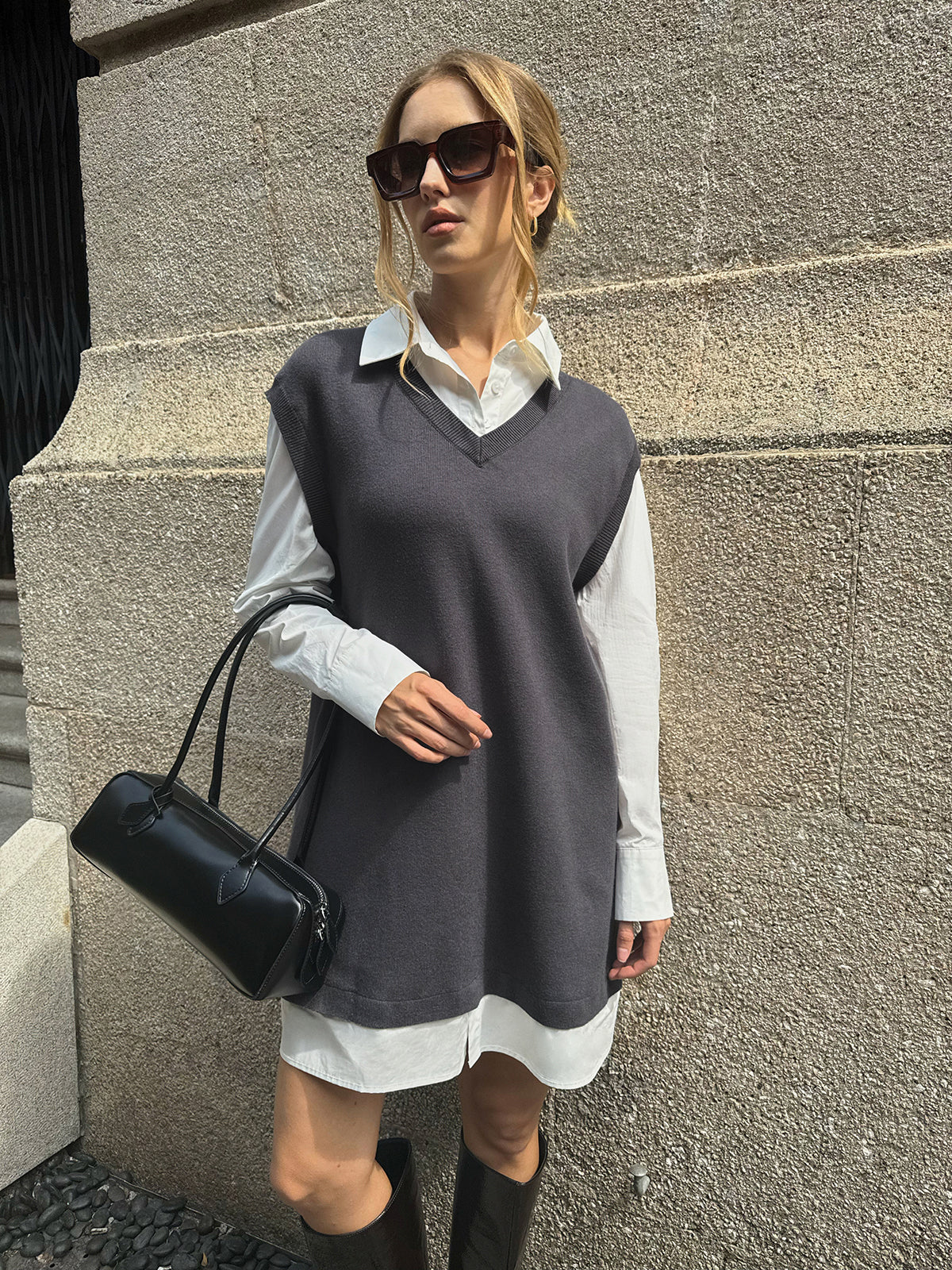 2 in 1 Shirt Paneled Knit Mini Dress