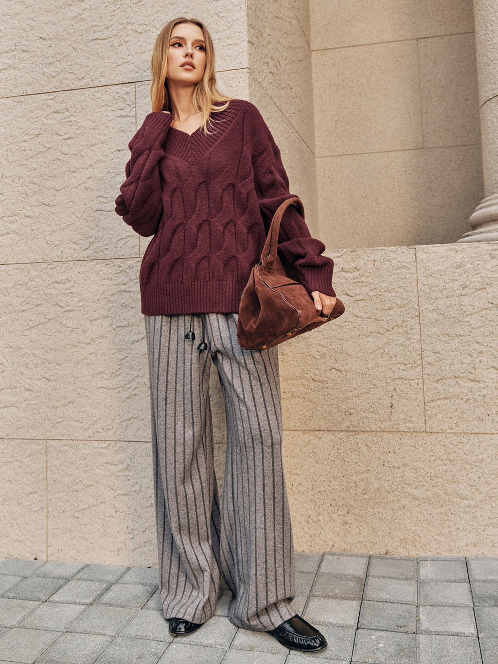 Gestreifte Tweed-Hose mit weitem Bein und Kordelzug