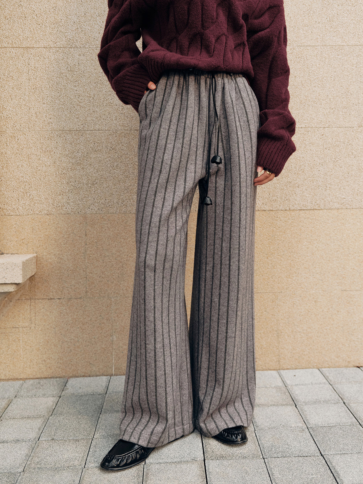 Pantalon large rayé en tweed avec cordon de serrage