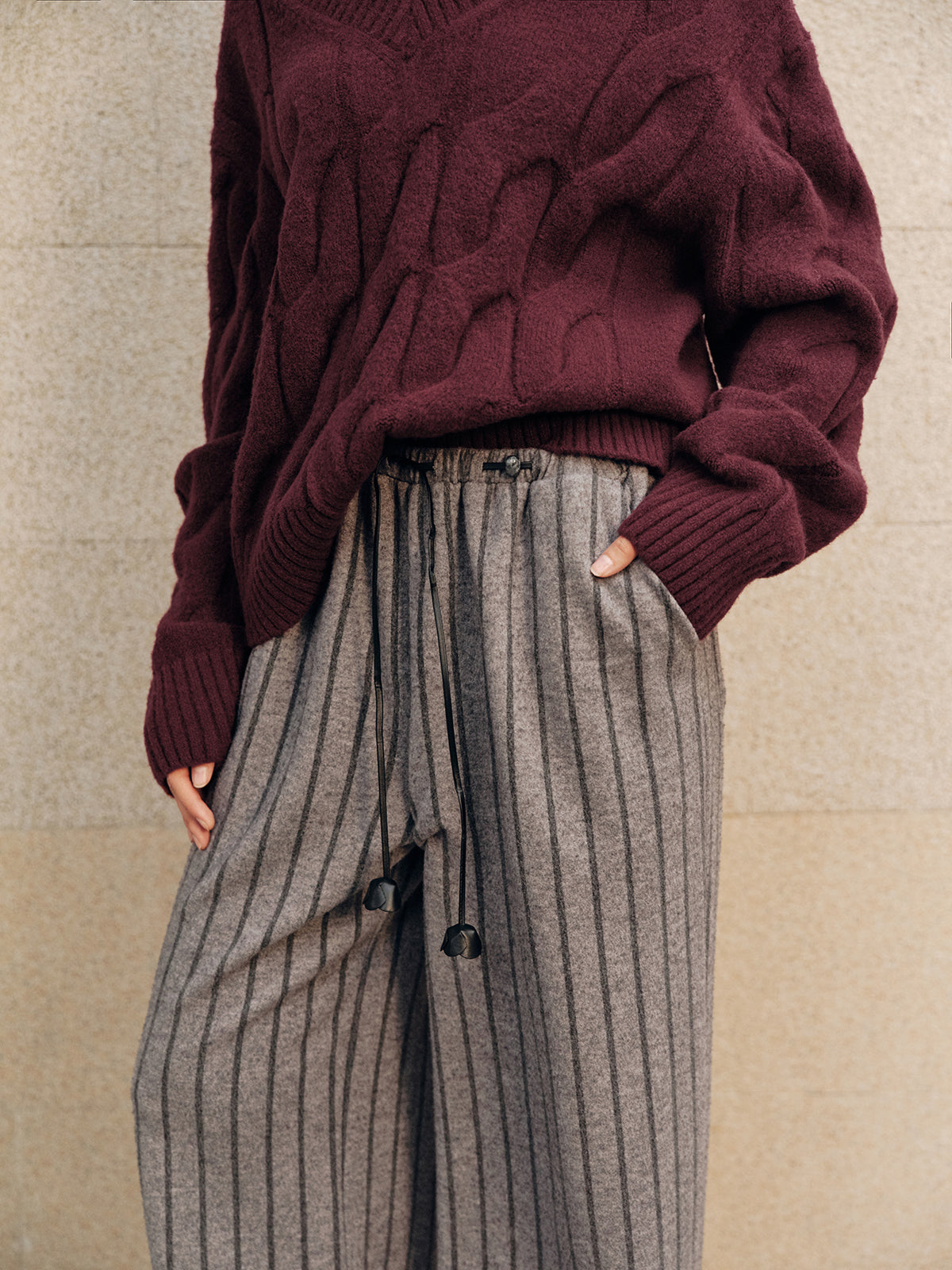 Pantalon large rayé en tweed avec cordon de serrage
