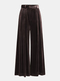Belted Pleated Velvet Wide-Leg Pants