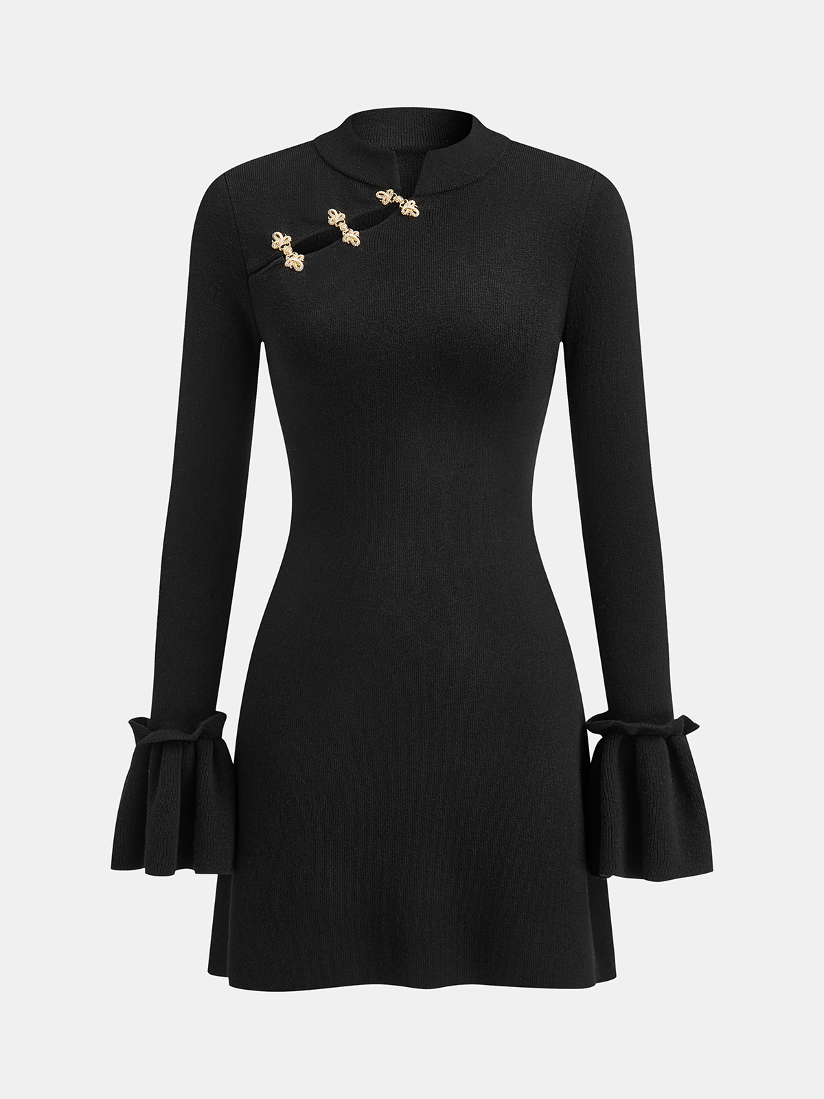 Robe en maille à col montant et manches cloche avec détails métalliques