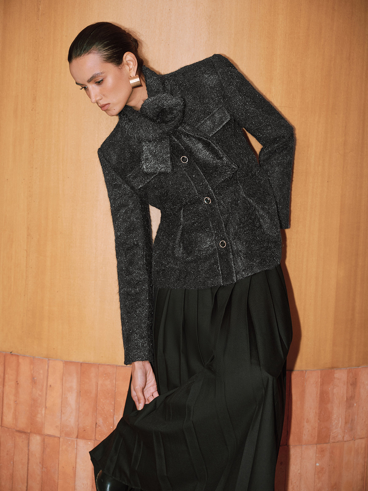 Button-Front Wool-Blend Coat with Scarf