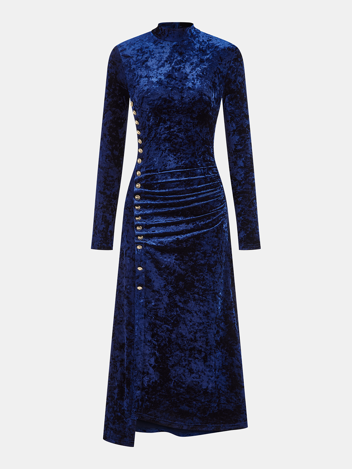 Maxikleid aus gerafftem Samt mit Metallknöpfen