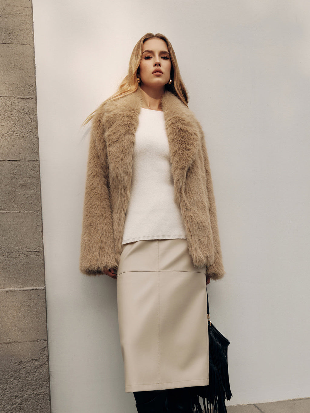 Shawl Collar Faux Fur Coat without Belt