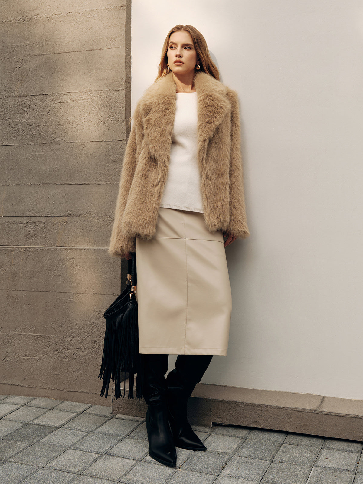 Shawl Collar Faux Fur Coat without Belt