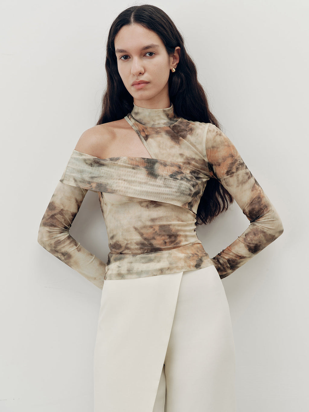 Tie-Dye Mesh One-Shoulder Long Sleeve Top