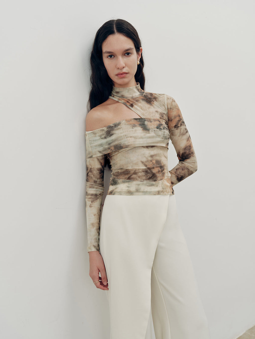 Tie-Dye Mesh One-Shoulder Long Sleeve Top
