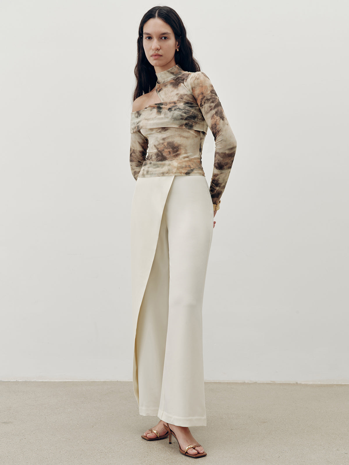 Tie-Dye Mesh One-Shoulder Long Sleeve Top