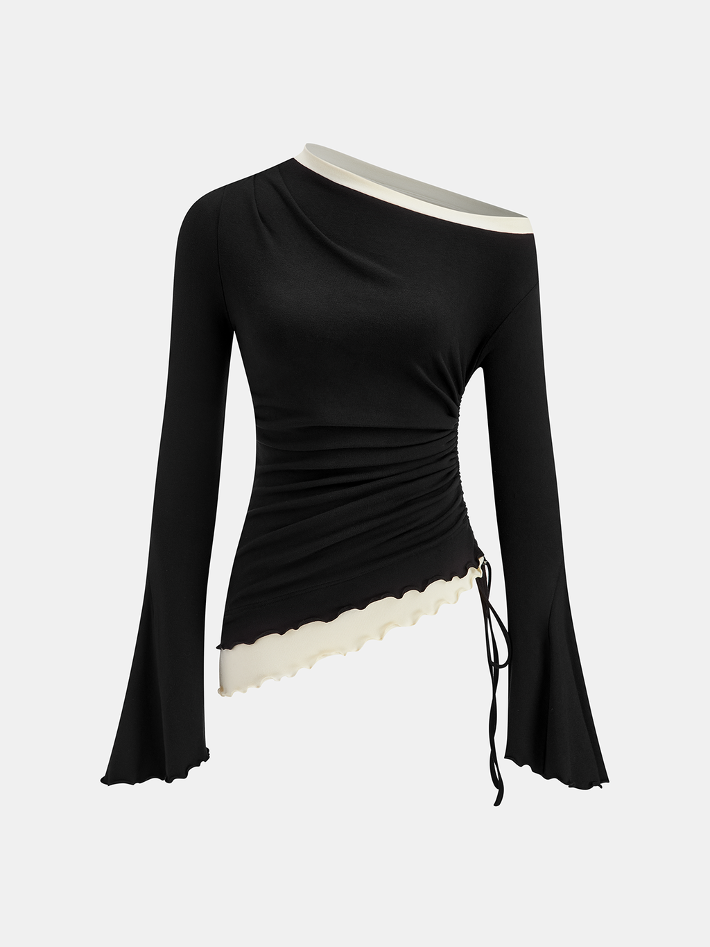 Contrast Ruffle Asymmetric Ruched Top