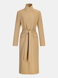 Belted Metal Button Stand Collar Longline Coat