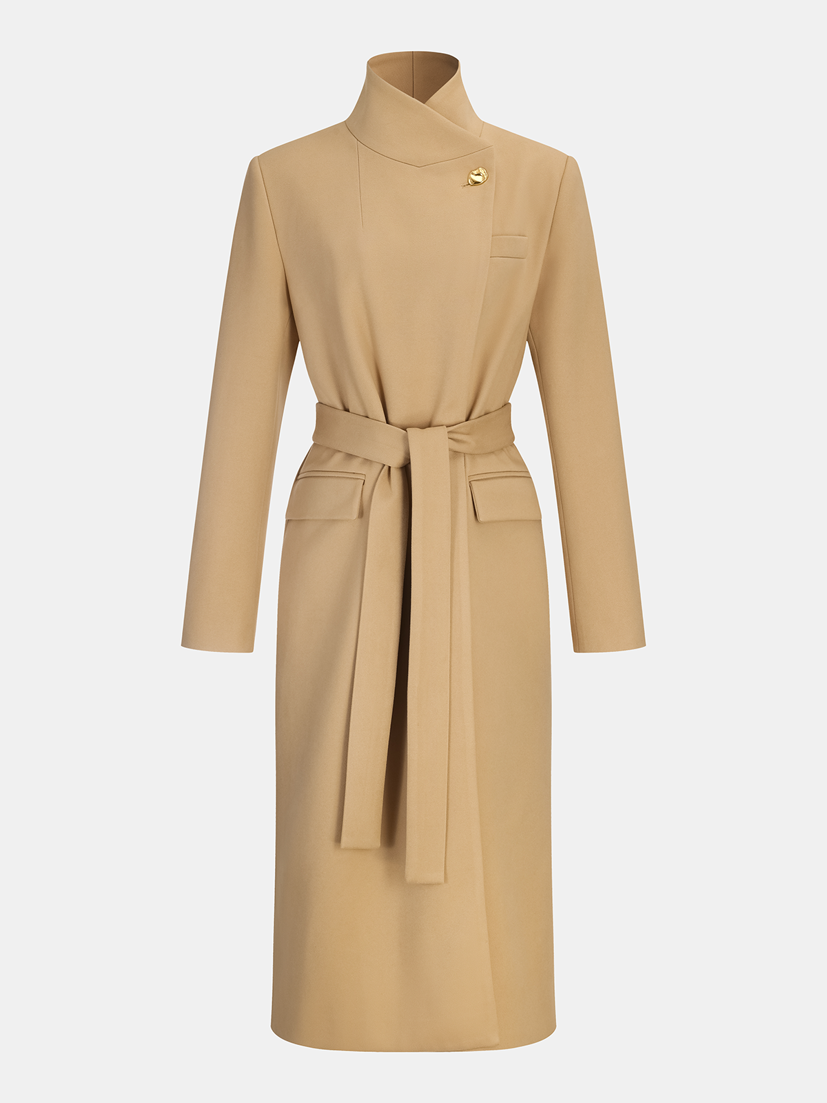 Manteau long à col montant, boutons métalliques et ceinture
