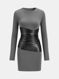 PU Leather Panel Long Sleeve Knit Dress