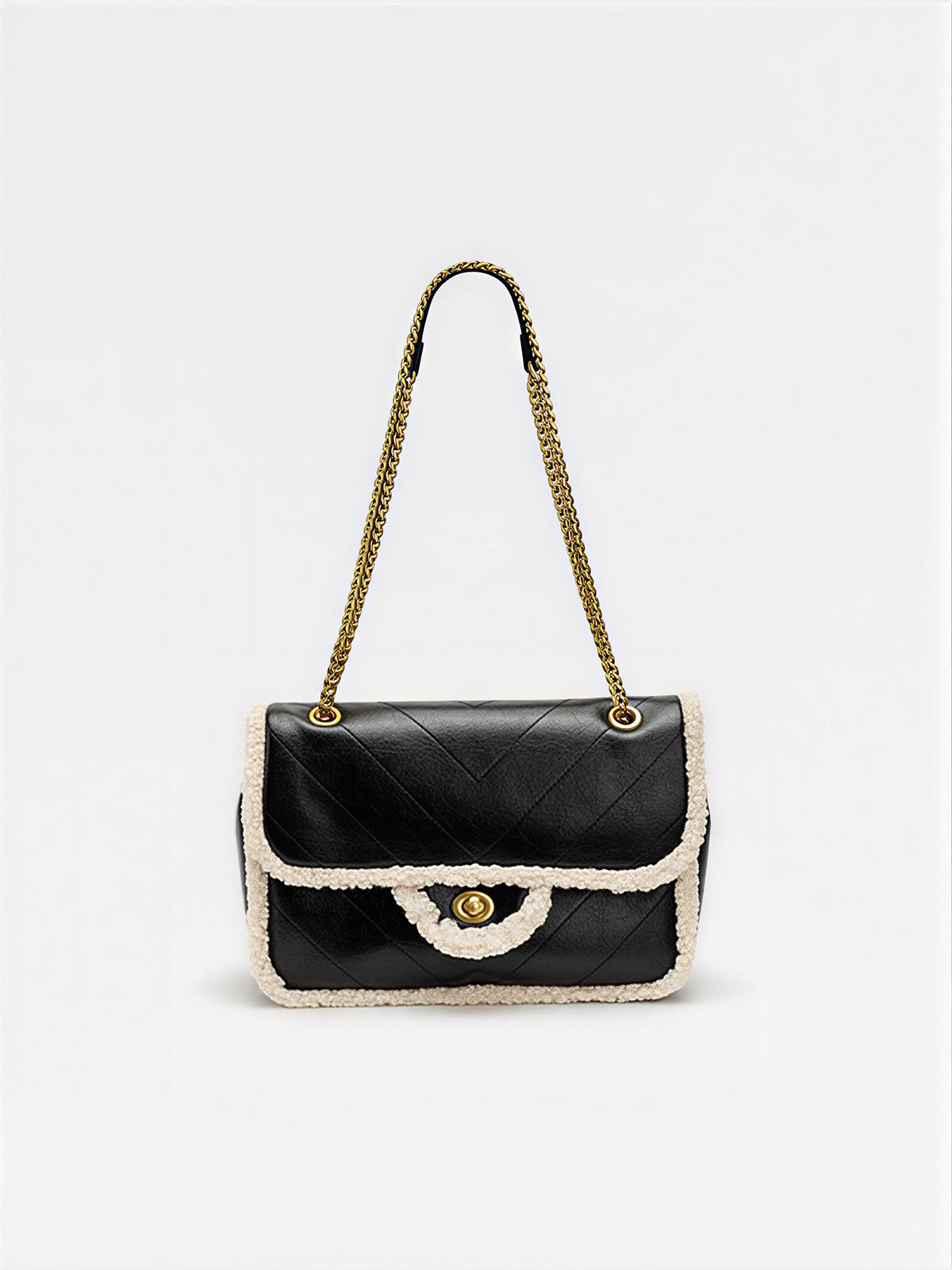 Sac porté épaule avec chaîne et garniture en peau lainée
