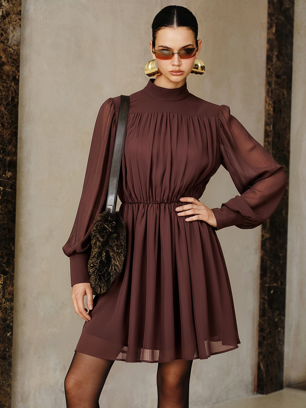 Puff Sleeve Chiffon Ruched Mini Dress
