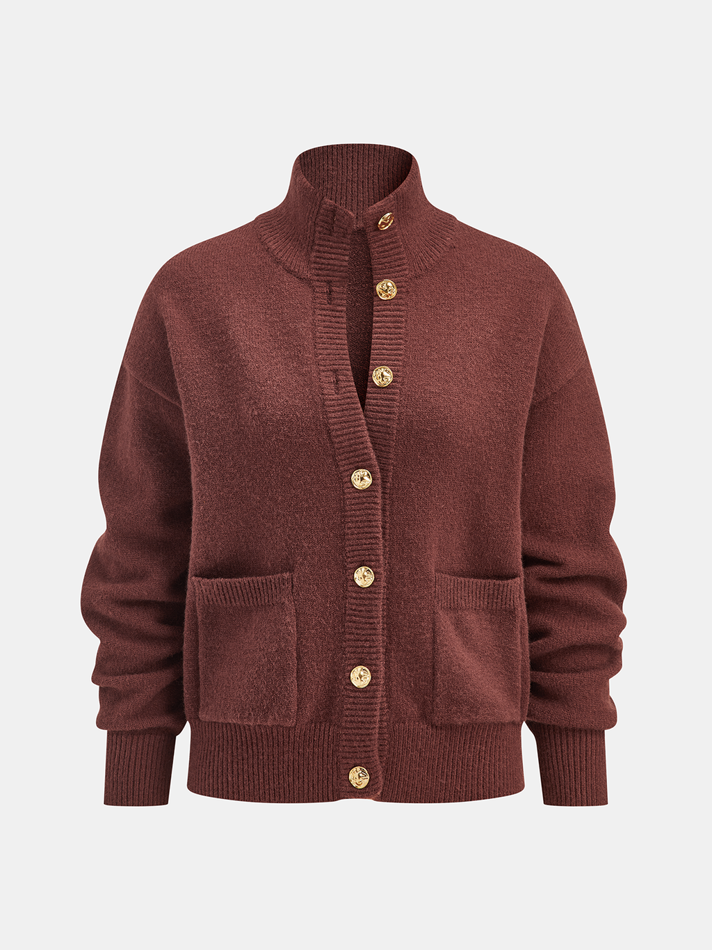 Metal Button Stand Collar Knit Cardigan