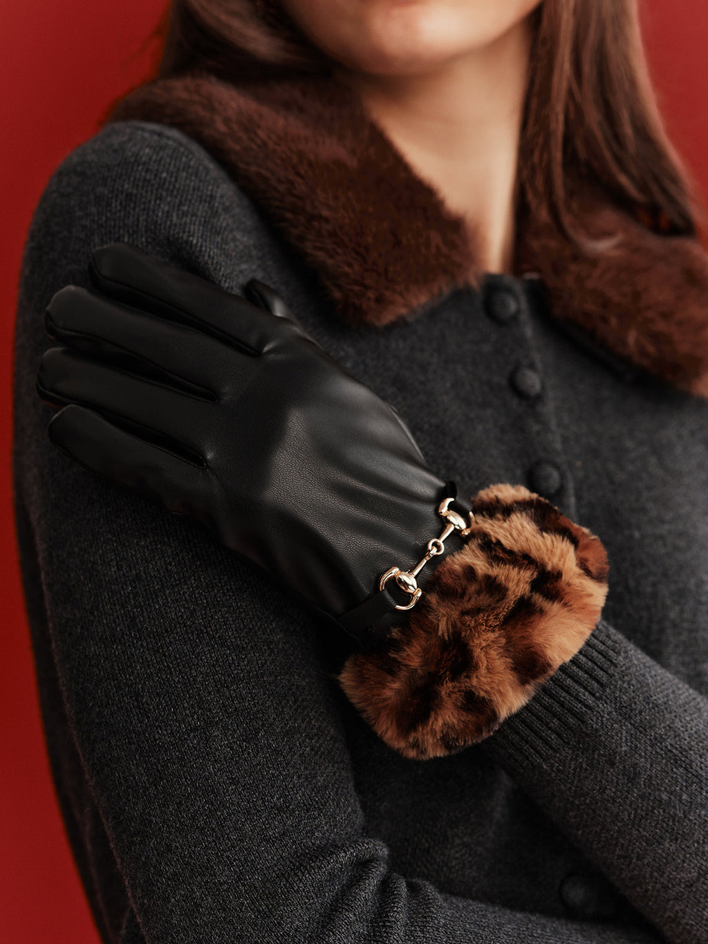 Leopard Faux Fur Cuff Faux Leather Gloves